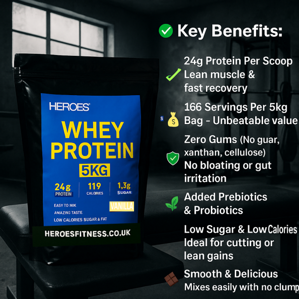 Heroes 5KG Whey Protein Vanilla – lean protein powder with 24g protein, only 1.3g sugar, no bloating, smooth vanilla taste, ideal for gym training, muscle recovery, and clean nutrition goals