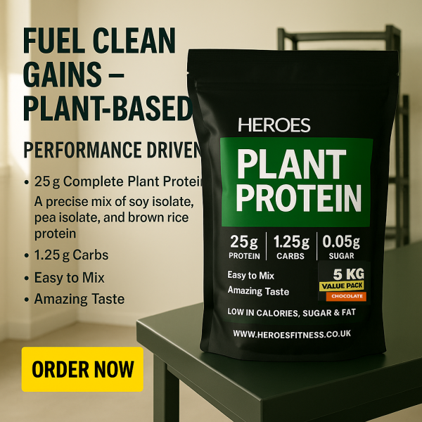 Promotional HEROES Plant Protein 5kg Value Pack Chocolate flavour, displayed on a gym bench with weights in the background. Features include 25g protein per serving, low sugar, clean vegan ingredients, and a high-value pack ideal for muscle recovery and plant-based performance.