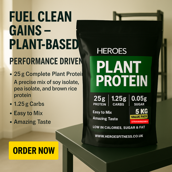 Promotional HEROES Plant Protein 5kg Value Pack Strawberry flavour, displayed on a gym bench with weights in the background. Features include 25g protein per serving, low sugar, clean vegan ingredients, and a high-value pack ideal for muscle recovery and plant-based performance.