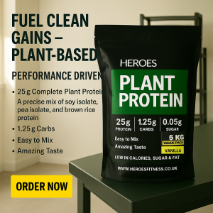 Promotional HEROES Plant Protein 5kg Value Pack Vanilla flavour, displayed on a gym bench with weights in the background. Features include 25g protein per serving, low sugar, clean vegan ingredients, and a high-value pack ideal for muscle recovery and plant-based performance.