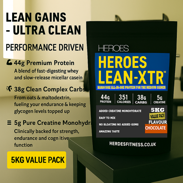 Heroes LEAN-XTR™ 5kg value pack lean muscle chocolate protein powder with whey, casein, creatine, and clean carbs – ultra-clean all-in-one supplement for strength, endurance, and performance, displayed on gym bench with modern fitness background