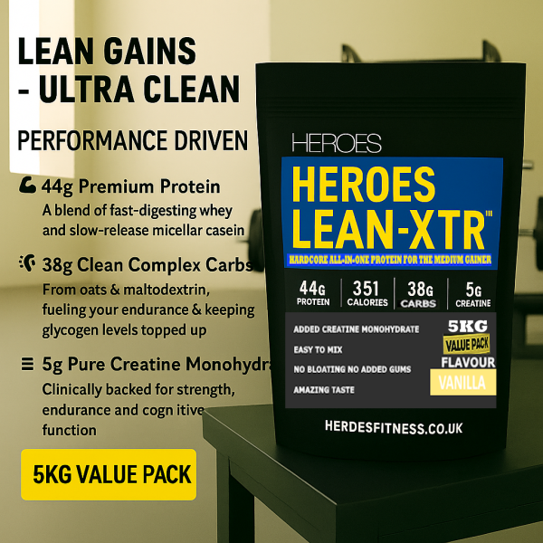 Heroes LEAN-XTR™ 5kg value pack lean muscle protein vanilla powder with whey, casein, creatine, and clean carbs – ultra-clean all-in-one supplement for strength, endurance, and performance, displayed on gym bench with modern fitness background