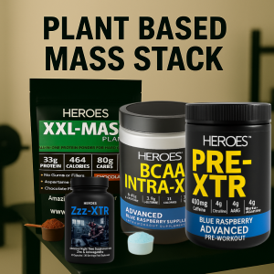 Heroes Plant Based Mass Stack vegan protein and supplements for muscle gain, dairy-free high-protein nutrition for athletes and fitness enthusiasts