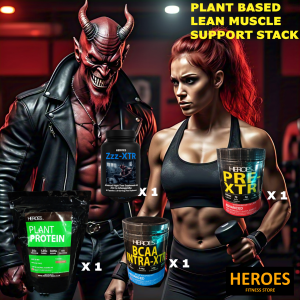Plant-Based Lean Muscle Support Stack by Heroes Fitness Store featuring vegan protein powder, BCAA Intra-XTR, Pre-XTR pre-workout, and Zzz-XTR night supplement with a muscular female athlete and a red demon character in a gym setting