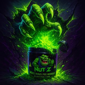 A monstrous green claw bursts through a cracked, glowing wall and reaches toward an open tub of NUT-Z Monstrous Pre-Workout, causing neon green powder to erupt upward in a dramatic explosion of light and energy.