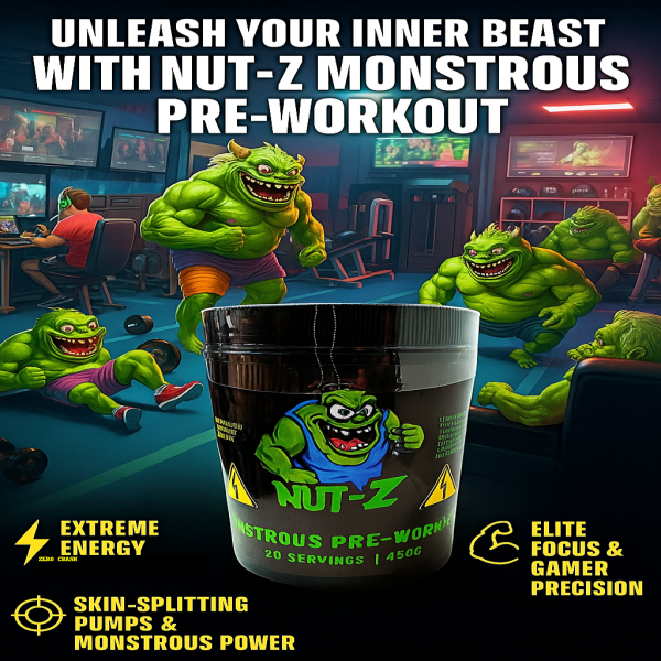 Nut-Z Monstrous Pre-Workout supplement in a 1024x1024 fitness and gaming-themed image featuring muscular green monster mascots, promoting extreme energy, zero crash, elite gamer focus, and powerful muscle pumps