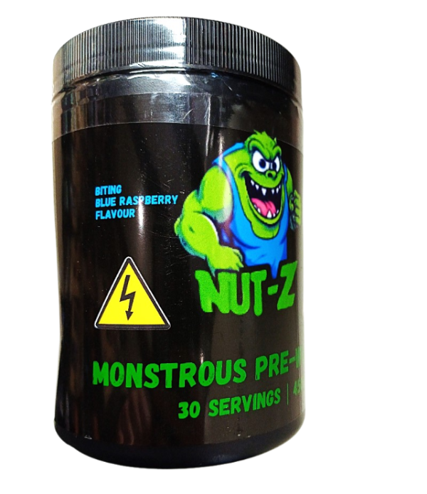 NUT-Z Monstrous Pre-Workout biting blue raspberry energy drink with a colourful design and the Nutri-Monster branding.
