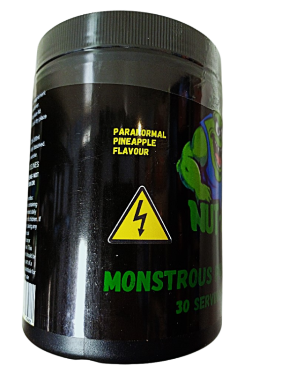 NUT-Z Monstrous Pre-Workout Pineapple energy drink with a colourful design and the Nutri-Monster branding.