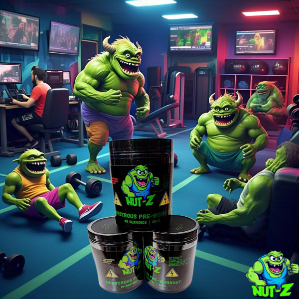 In a gym, a green monster mascot for NUT-Z Supplements stands among a group of people working out.