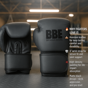 Premium black BBE Britannia Boxing gloves made from high-quality leather, featuring 4-inch wrist straps, high-density padding, and a sleek matte finish—ideal for professional fighters seeking durability, comfort, and impact protection.