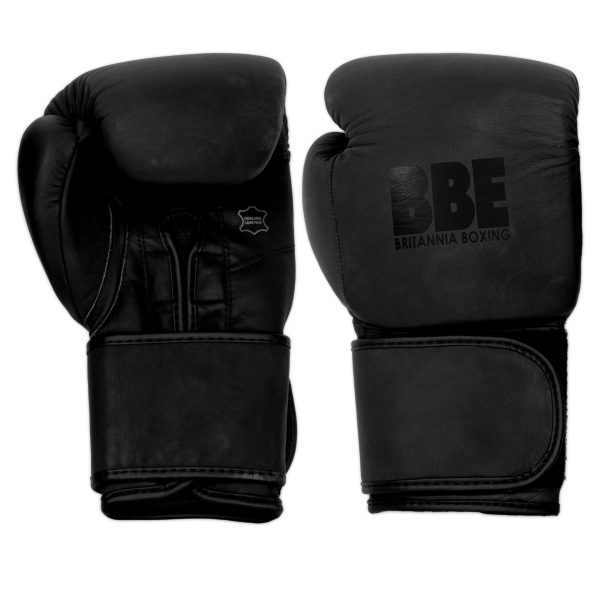 A pair of matte black leather boxing gloves by BBE with a white background