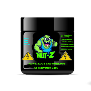 "NUT-Z Monstrous Pre-Workout tub in Biting Blue Raspberry flavour, 350mg caffeine, 4g L-Citrulline for energy and pumps."
