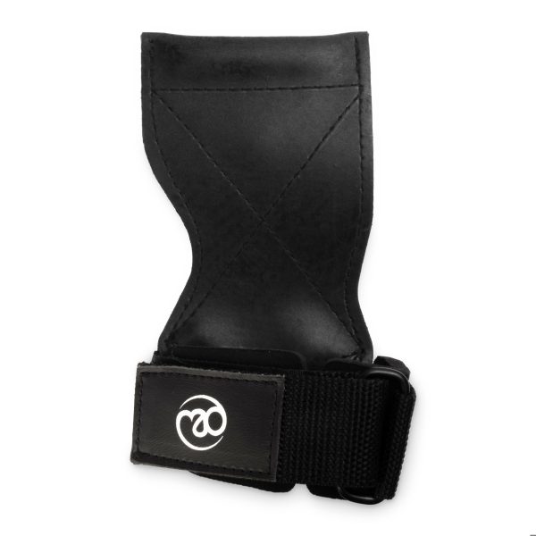 Black wrist strap with a logo, made of rubber for a secure grip while lifting weights.