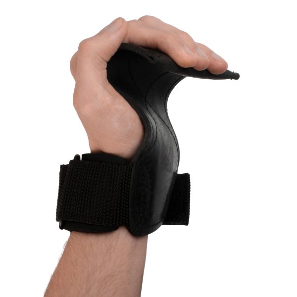 A hand with a supportive wrist brace and rubber grip lifting straps, designed for improved grip and stability.