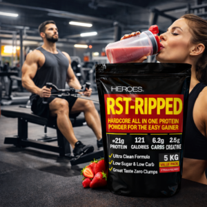 Bright gym scene with Heroes RST-RIPPED 5kg Strawberry protein powder bag in the foreground, a fit woman drinking a pink protein shake and a muscular man training behind her.