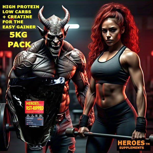 "Heroes RST-RIPPED Protein Shake 5kg bag, 166 servings, 21g protein, 2.5g creatine, low sugar, in Chocolate flavour – perfect for building lean muscle."
