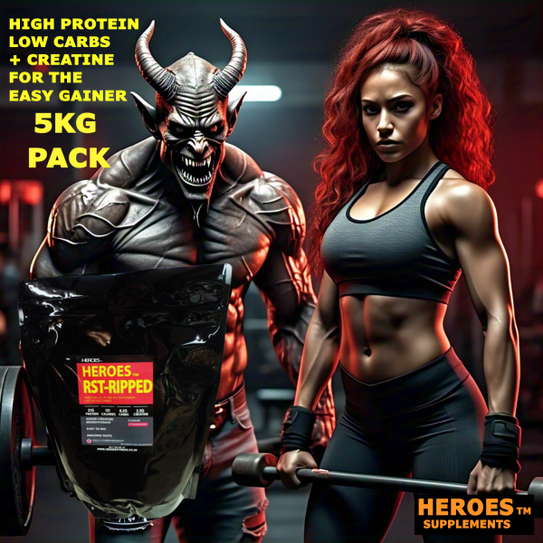 "Heroes RST-RIPPED Protein Shake 5kg bag, 166 servings, 21g protein, 2.5g creatine, low sugar, in Strawberry flavour – perfect for building lean muscle."