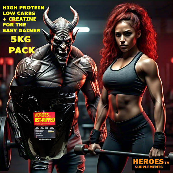 "Heroes RST-RIPPED Protein Shake 5kg bag, 166 servings, 21g protein, 2.5g creatine, low sugar, in Vanilla flavour – perfect for building lean muscle."