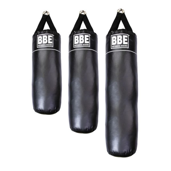 Three black punching bags featuring the "BBE" logo on each.
