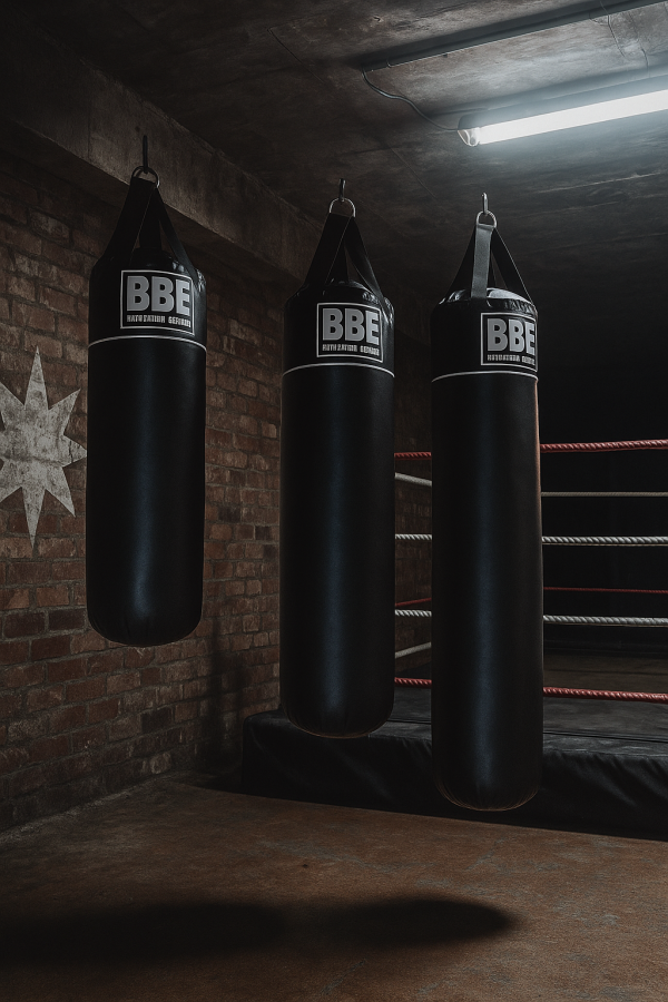 BBE Pro Strike Series Boxing Punch Bags – 3ft, 4ft, and 5ft sizes hanging in a hardcore boxing gym with exposed brick walls and professional training setup