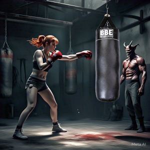 A woman trains by boxing a punching bag, showcasing her technique and strength with the durable BBE Pro Strike Series bag.