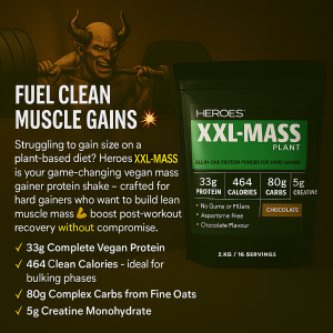 Vegan mass gainer supplement ad featuring Heroes XXL-MASS Plant protein powder with 33g protein, 464 calories, and 80g carbs, ideal for clean muscle gains, bulking, and post-workout recovery.