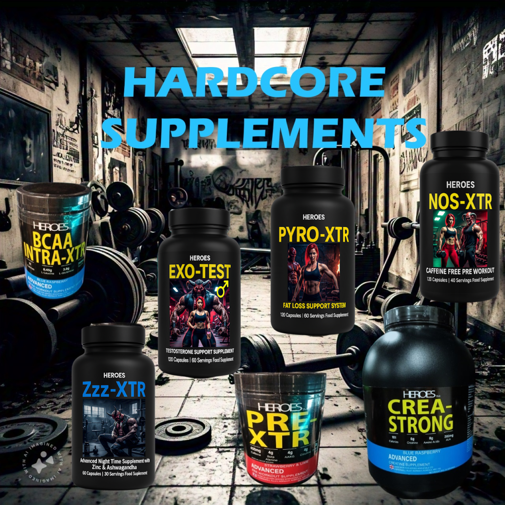 “Display of Heroes Hardcore Sport Supplements including BCAA INTRA-XTR, EXO-TEST, PYRO-XTR, NOS-XTR, Zzz-XTR, PRE-XTR, and CREA-STRONG, set against a gritty gym background emphasizing hardcore fitness and strength training.”