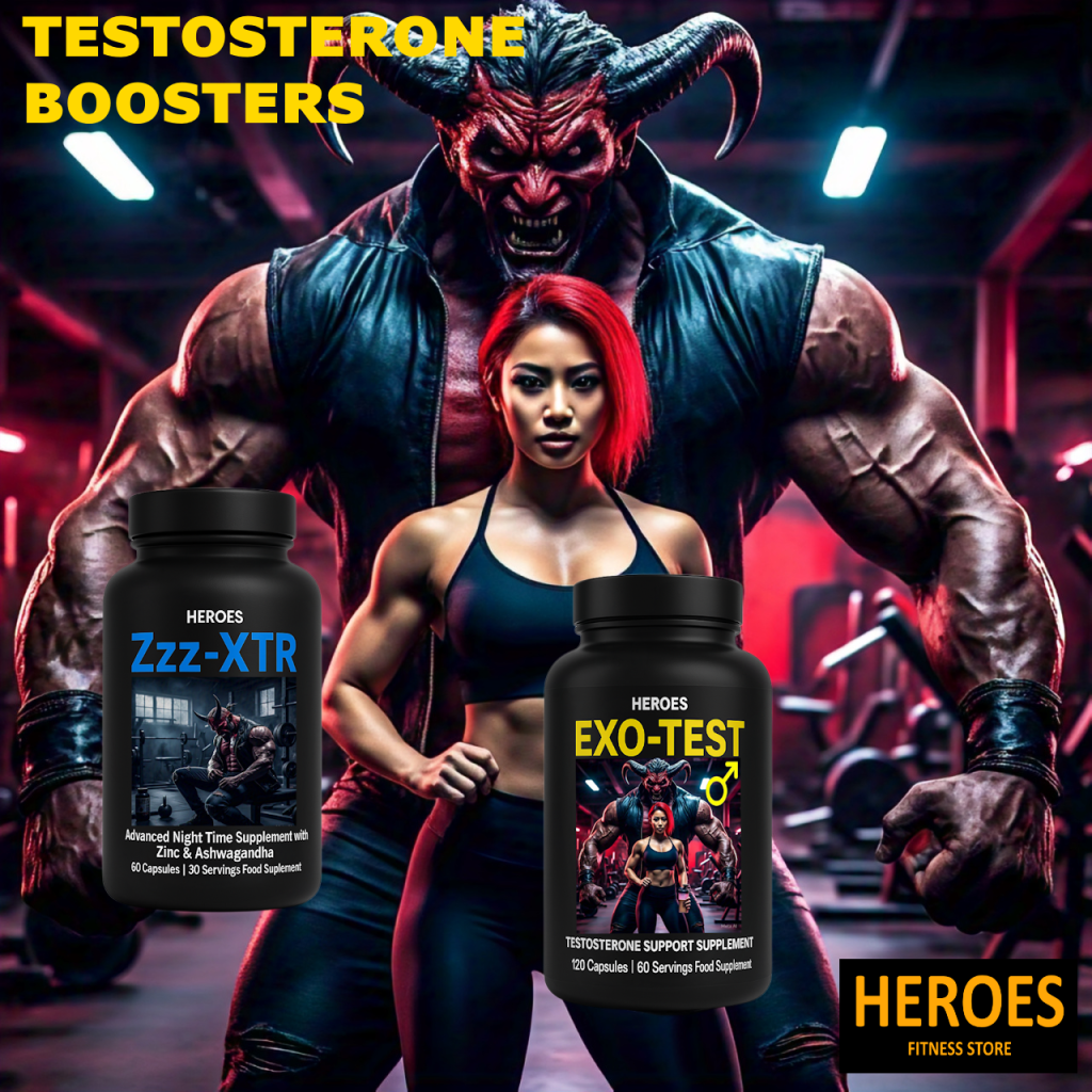 Muscular woman in a gym with a demon figure behind her, showcasing HEROES EXO-TEST and Zzz-XTR testosterone booster supplements. Fitness branding by Heroes Fitness Store Norwich.