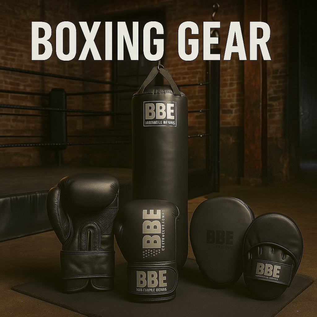 Professional black boxing gear including gloves, focus pads, and punch bag by BBE Britannia Boxing, displayed in an industrial-style boxing gym with dark lighting for training and fitness