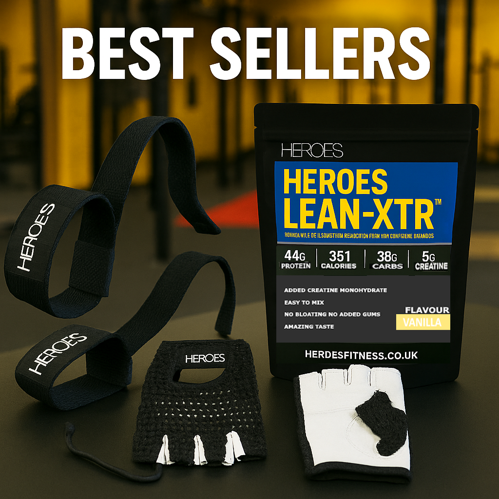 Heroes Fitness best-selling gym products including weight lifting straps, mesh-backed workout gloves, and Lean-XTR vanilla protein powder displayed in a vibrant hardcore gym setting