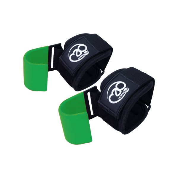Fitness Mad Lifting Hooks in a vibrant green and black colour for deadlifts, pull ups and shrugs
