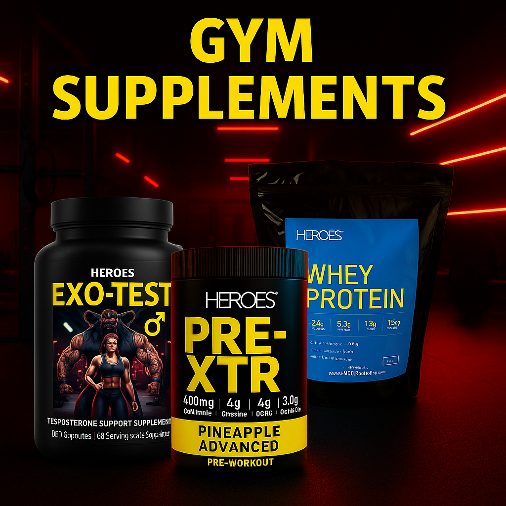 Heroes gym supplements including EXO-TEST testosterone booster, PRE-XTR pineapple pre-workout, and whey protein powder displayed in a dark red-lit fitness environment
