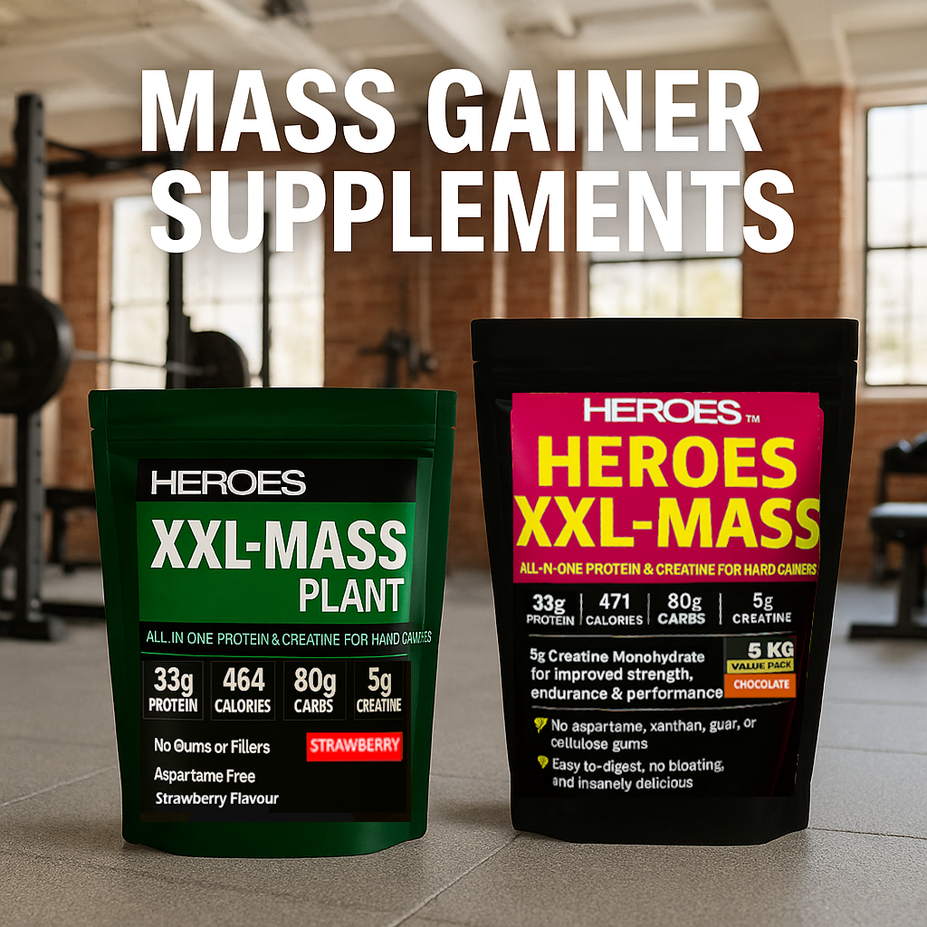XXL-MASS and XXL-MASS Plant Mass Gainer Supplements in a hardcore gym setting – premium high-calorie protein and creatine blend for extreme muscle growth and size gain – ideal for hard gainers and bulking cycles
