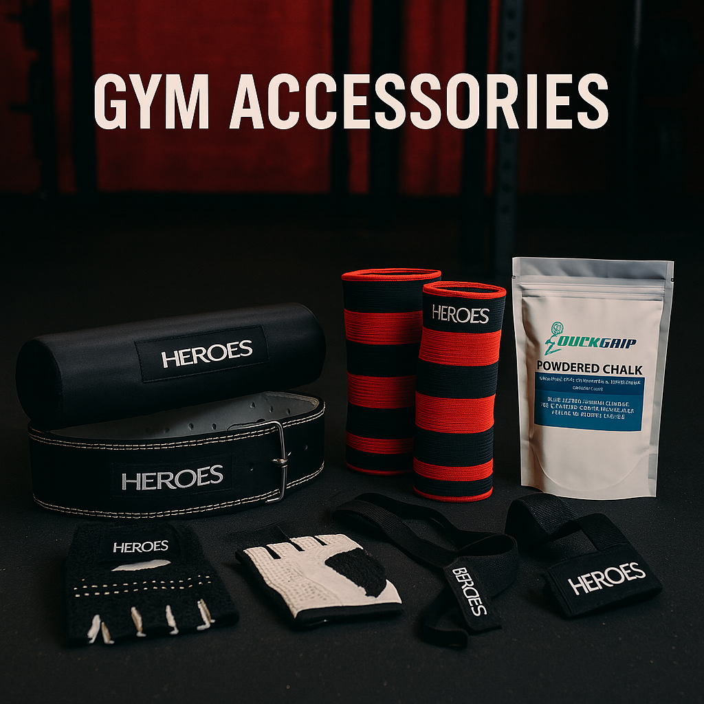 HEROES gym accessories including weightlifting belt, lifting straps, elbow sleeves, gloves, barbell pad, and QuickGrip chalk displayed in a hardcore gym setting with red and black decor