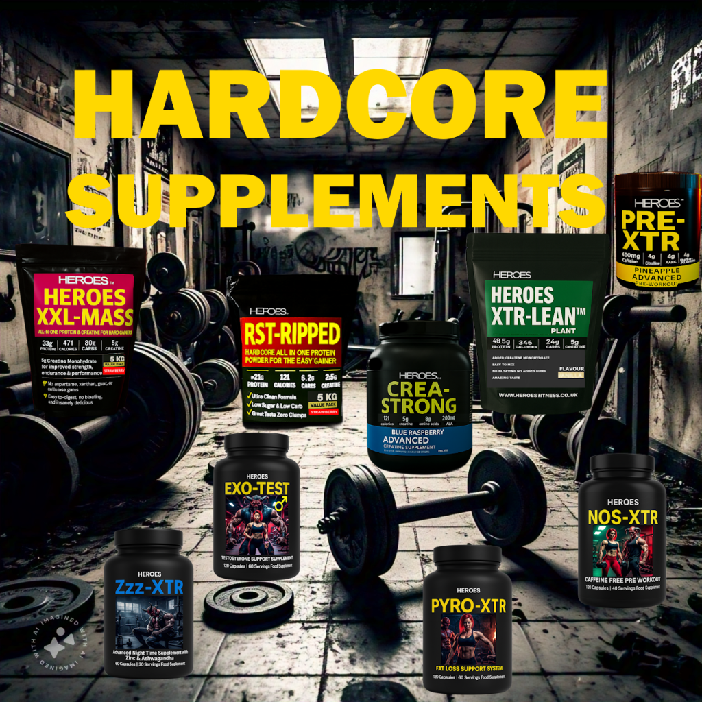 Display of Heroes Hardcore Sport Supplements including BCAA INTRA-XTR, EXO-TEST, PYRO-XTR, NOS-XTR, Zzz-XTR, PRE-XTR, and CREA-STRONG, set against a gritty gym background emphasizing hardcore fitness and strength training.