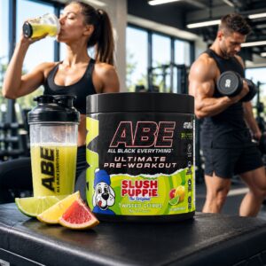Bright gym scene featuring ABE All Black Everything Ultimate Pre-Workout Slush Puppie Twisted Citrus tub in the foreground, with a fit woman drinking a yellow pre-workout shake and a muscular man lifting dumbbells in the background.