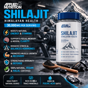 Applied Nutrition Shilajit 30000mg Himalayan Health supplement capsules for energy, stamina, muscle recovery and immunity in gym lifestyle setting