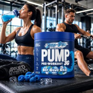 Bright gym scene featuring Applied Nutrition Pump 3G Zero Stim Pre-Workout Icy Blue Raz tub in the foreground, with a fit woman drinking a blue pre-workout shake and a muscular man training on a rowing machine in the background.