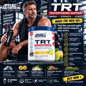 Applied Nutrition TRT Testosterone Support supplement for men over 40, featuring a lemon and lime formula, displayed in a hardcore gym with a muscular male athlete.