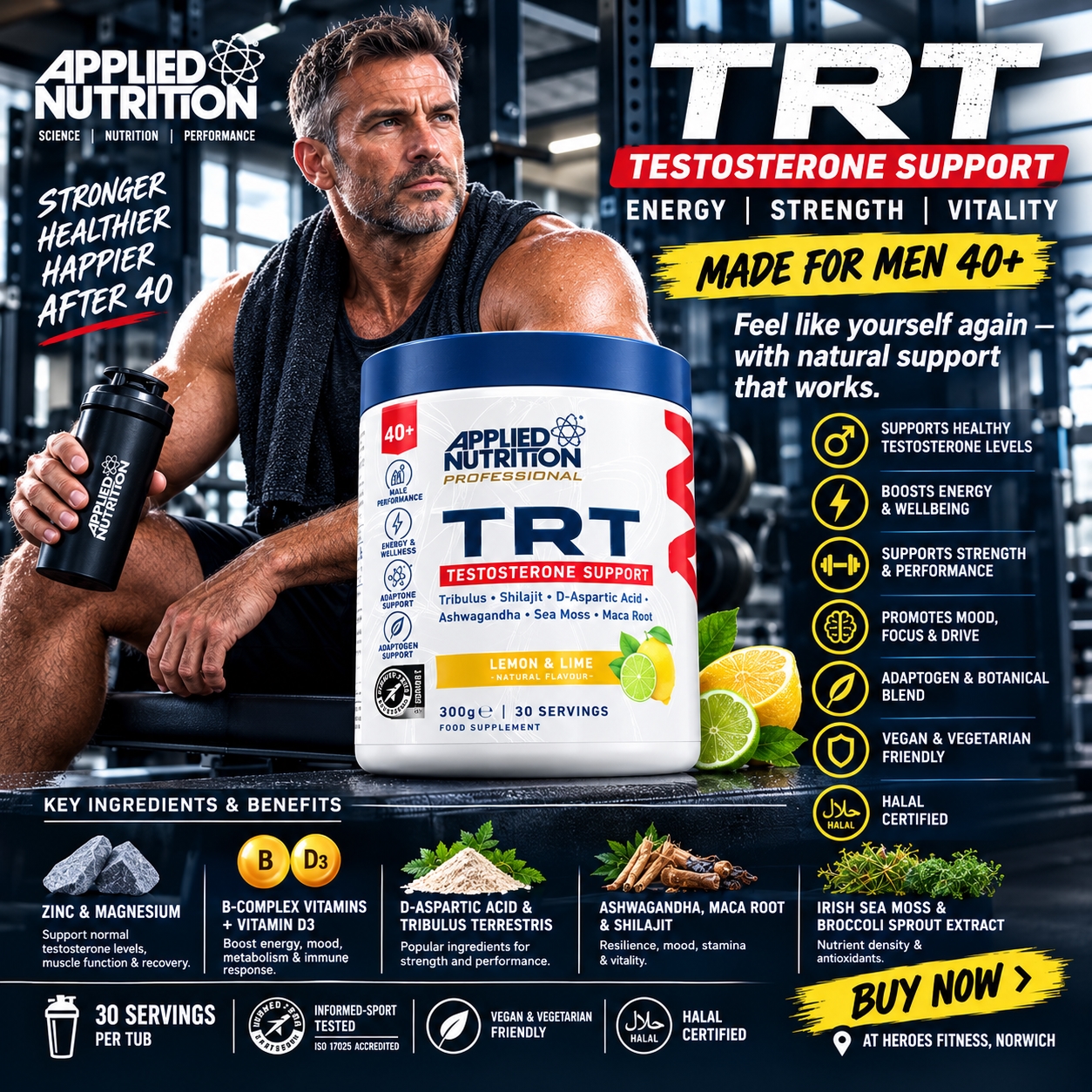 Applied Nutrition TRT Testosterone Support supplement for men over 40, featuring a lemon and lime formula, displayed in a hardcore gym with a muscular male athlete.