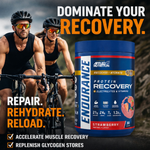 Applied Nutrition Endurance Recovery protein powder displayed in the foreground with a man and woman cycling