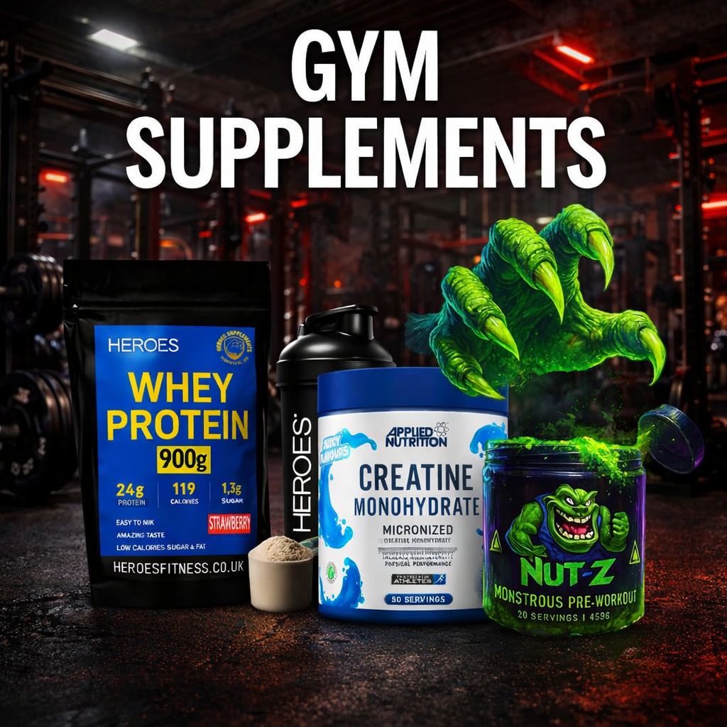 Gym supplements display featuring Heroes Whey Protein, Applied Nutrition Creatine Monohydrate and NUT-Z pre-workout in a hardcore gym setting