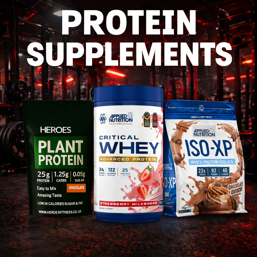 Protein supplements display featuring Heroes Plant Protein, Applied Nutrition Critical Whey and ISO-XP whey isolate in a hardcore gym setting
