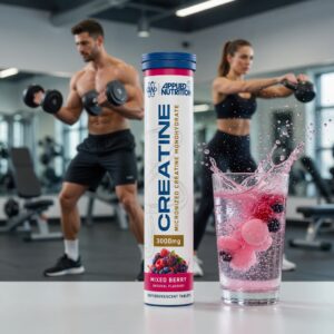 Applied Nutrition Creatine Monohydrate Effervescent Tablets Mixed Berry flavour in a modern gym setting. Product tube prominently displayed with a glass of pink fizzing drink and fresh berries splashing beside it. Fit man and woman training with dumbbells in the background.