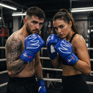 Man and woman in boxing gym wearing blue MET-X boxing gloves in fighting stance