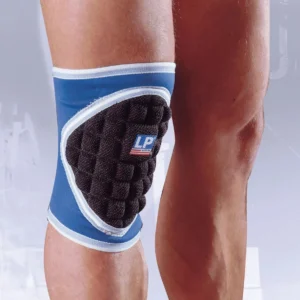 LP 777 Deluxe Kevlar Knee Pad worn on knee showing blue neoprene sleeve with black high-density padded protection
