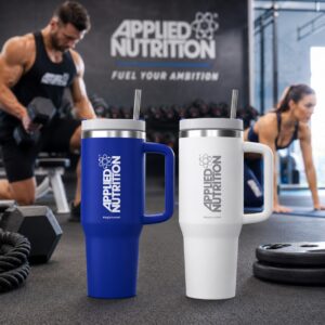Applied Nutrition cooler tumbler cups in blue and white on gym floor with athletes training in the background