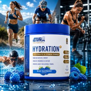 Applied Nutrition Hydration+ Blue Raspberry Electrolyte & Vitamin Powder tub with male and female athletes running, cycling, swimming and weight training in a dynamic fitness scene.