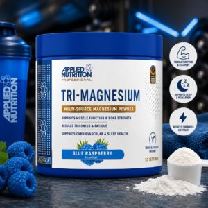Applied Nutrition Tri-Magnesium Powder Blue Raspberry 200g tub with magnesium powder, shaker bottle and gym-inspired blue fitness background.