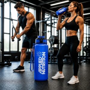 Blue Applied Nutrition water bottle in the foreground of a modern gym, with a muscular man performing a cable exercise and a fit woman drinking from a bottle, both athletes fully visible in a high-end workout setting
